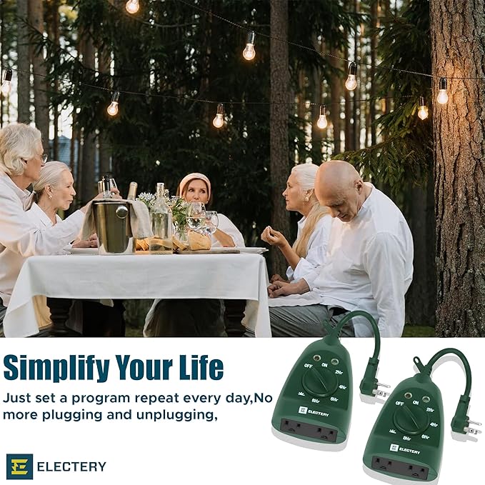 Outdoor Timer Outlet 2-Pack, Green Waterproof Dusk-to-Dawn Plug-in with Light Sensor, 24-Hour Mechanical Countdown, Heavy-Duty 15A UL Listed for Garden, Pool Pump, Holiday Lights