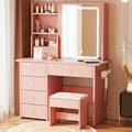 ALEAVIC Vanity Desk with Mirror and LED Lights, Makeup Vanity Set with Power Outlet, and Stool,Jewelry Storage,Pink Vanity Desk for Bedroom