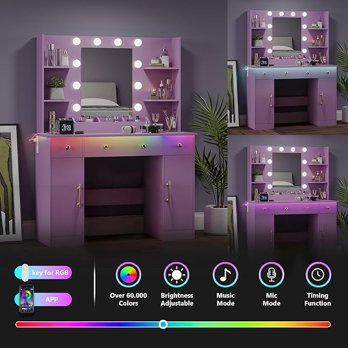 Makeup Vanity Desk with Mirror and Lights, 43" Purple Vanity Set with 3 Drawers, Power Outlet & Adjustable RGB LED Lights, Dressing Table with Storage Shelf for Women & Girls Bedroom