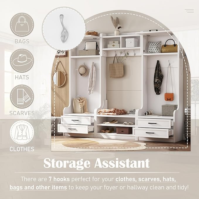 Bellemave Wide Hall Tree with Storage Bench, Wood Coat Rack with 4 Drawers and 7 Hooks, Detachable Mudroom Organizer with Shoes Storage Shelves for Entryway Hallway, White