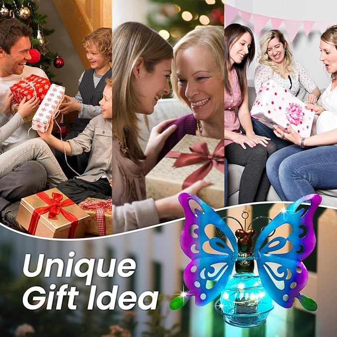 Solar Hanging Butterfly Lights LED Outdoor Garden Decor Light Waterproof Powered Unique Decorations for Sister Birthday Gardening Gifts for Mom Women Front Porch Balcony Backyard Yard Path