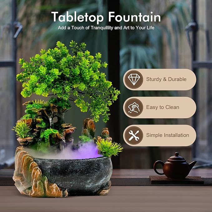 Tabletop Rockery Water Fountain Indoor Relaxation Waterfall Bonsai Desktop Ornament with LED Light, Zen Meditation Home Office Bedroom Atomizing Humidifier Desk Decoration