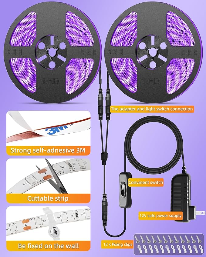 IP65 Waterproof LED Black Light Strip Kit 40ft/12M 720 LEDs, 12V Flexible Blacklight Fixtures, 385-400nm, Black Light LED Strips for Glow Party Body Paint Outdoor Indoor Decor Birthday Party Halloween