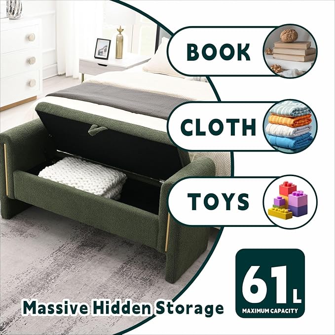 Modern 52" Storage Ottoman Bench, Upholstered End of Bed Storage Bench with Armrests, Entryway Bench, Teddy Foot Rest Stool for Living Room Hallway Bedroom (Green)