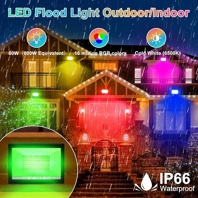 T-SUN LED Flood Lights Outdoor 60W, 600W Equivalent 6000LM Color Changing Landscape Light with APP Control, Waterproof Floodlights with 2700K & 16 Million Colors, Timing, Music Sync, US Plug(4Pack)