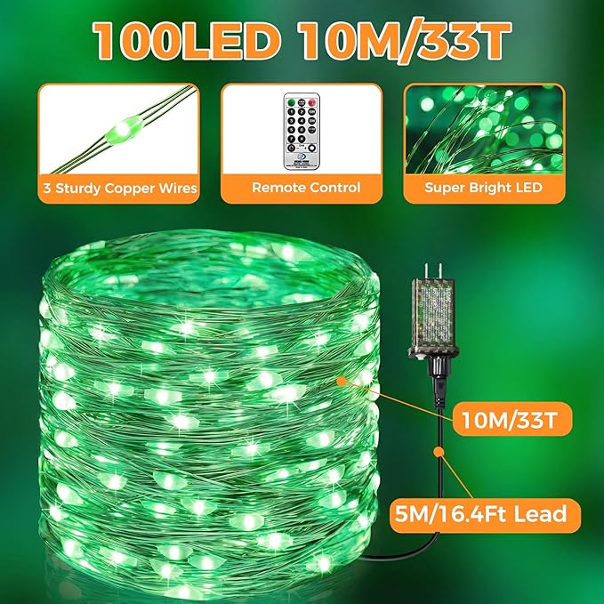 btfarm Fairy Lights Plug in with Remote, 33FT 100 LED Outdoor Twinkle Lights Waterproof with Timer, 8 Modes Indoor String Lights for Bedroom Patio Garden Wedding Christmas Decoration, Green