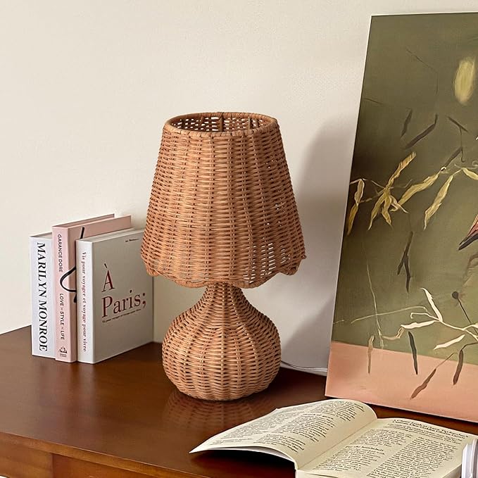 Rattan Table Lamp for Bedroom, Boho Small Table Lamps for Bedside, Farmhouse Mini Small Table Lamps for Small Spaces for Kitchen Counter, Bookshelf, Nightstand, Bedroom, Kids Dorm