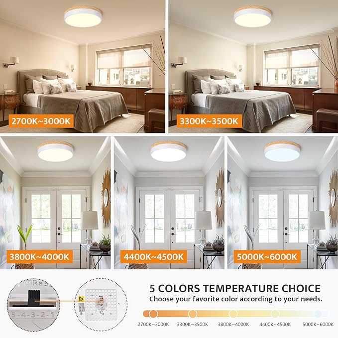 Dimmable Wood LED Flush Mount Ceiling Light, 5CCT 2700K-6000K Modern Round Close to Ceiling Lighting Fixtures, Minimalist White Ceiling Lamp for Bedroom, Kitchen, Hallway, Laundry Room