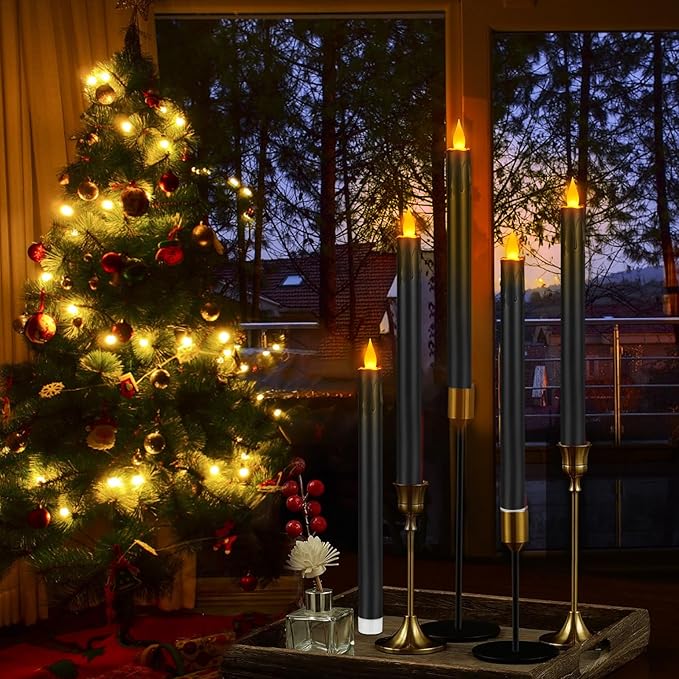 Flameless Taper Candles 10.6" Dripless Battery Operated Taper Candles Included Remote Timer 400+ Hours by 2AA Batteries for Halloween Christmas Wedding (Black, 6 Pack)