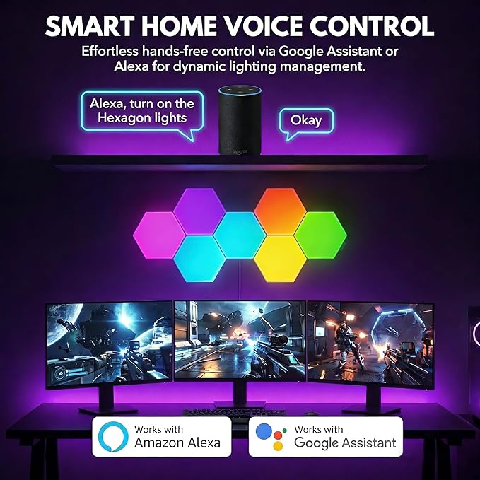TISOFU Hexagon LED Lights - Big Hexa RGB Wall Panels 8 Pack, Wi-Fi Smart Home Creative Wall Light with Music Sync & APP, Works with Google Assistant & Alexa for Gaming Decor, Bedroom, Gift