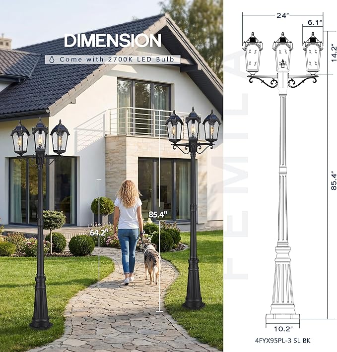 FEMILA 3-Light Solar Outdoor Pole Lights, 85.4" Aluminum Glass Lamp Posts Outdoor Lighting, Dusk to Dawn Solar Street Light with Remote Control for Yard Garden Driveway, 4FYX95PL-3 SL BK
