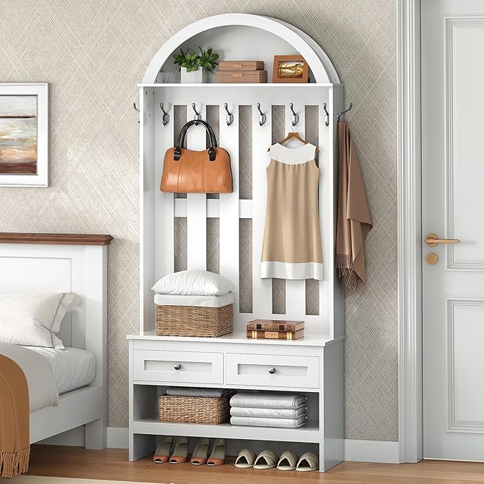 Hall Tree with Bench, Coat and Shoe Rack Entryway, Arched Entryway Organizer with 8 Hooks, Coat Rack with Shoe Bench and 2 Drawers for Hallway, Mudroom, Entryway, White