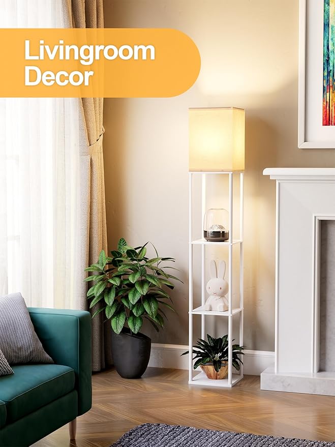 Floor Lamp with Shelves for Living Room 2 Pack, Shelf Floor Lamp with 3 CCT LED Bulb, Corner Display Standing Column Lamp Etagere Organizer Tower Nightstand with White Linen Shade for Bedroom, White