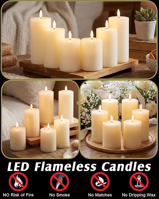 Leelosp 6 Pack Flameless Candles with Remote Timer, Battery Operated Flickering Flameless Candles Bulk Flat Top Pillar LED for Wedding Festival Outdoor Home Decor D 3'' H 4'' 5'' 6'' (Ivory White)