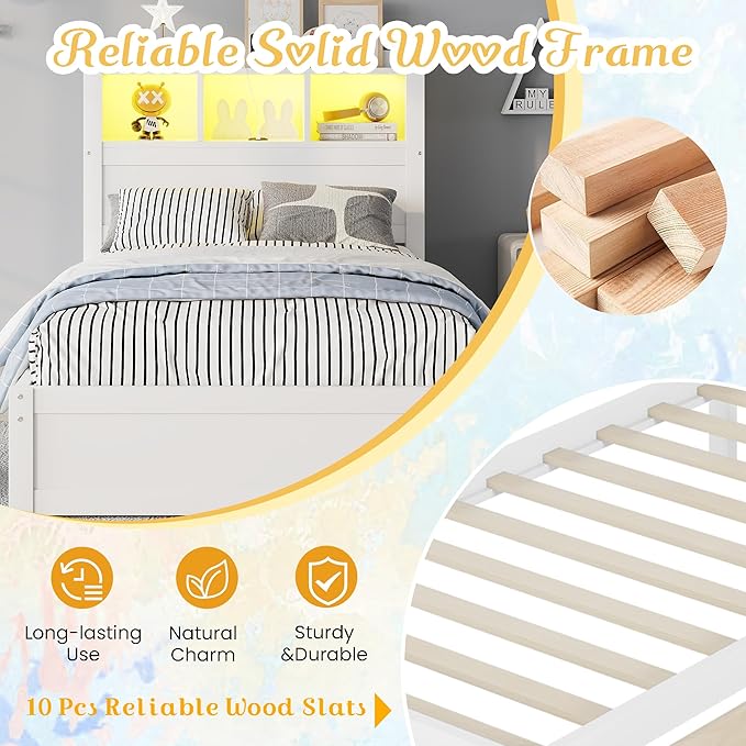 Kids Twin Bed Frame with Drawers & Storage Headboard, Solid Wood Platform Bed with Pull-Out Cabinet, Built-in LED Light & Charging Station, No Box Spring Needed, White