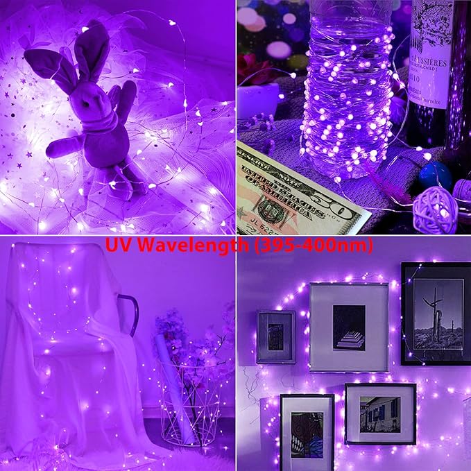 OMIKA Battery Operated LED UV Black Lights, 16.5ft 50 Units 2835 LED UV Lamp Beads 8 Modes Flexible Blacklight Fairy String Lights with Remote for Fluorescent Party Stage Body Paint Halloween Decor