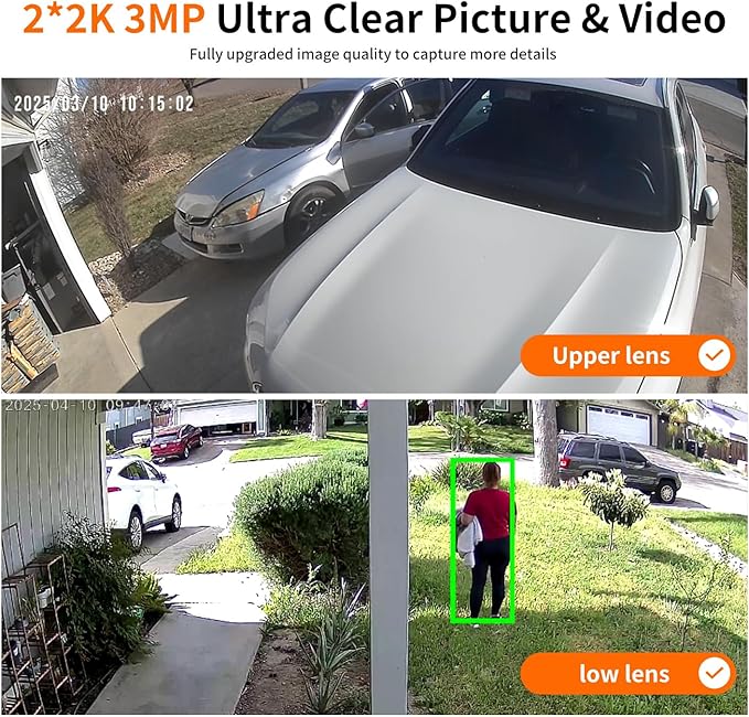 Dual Lens Security Cameras Wireless Outdoor，Solar Cameras for Home Security，Motion Detection,Night Vision,No Month Fee,IP65 Water Proof