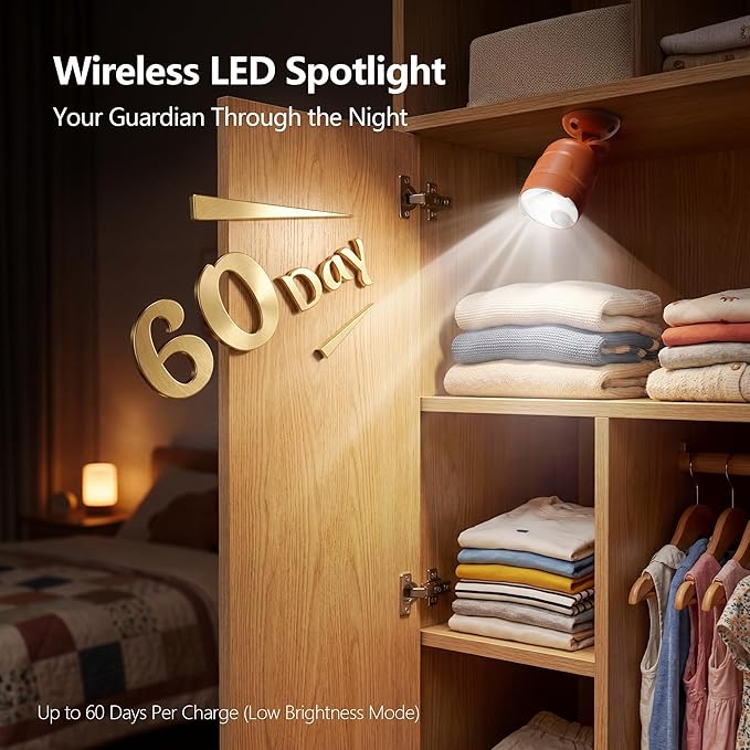 Wireless LED Spotlight, Battery Operated Motion Sensor Outdoor Light - 4000mAh Rechargeable 2-Mode IPX5 Waterproof 600LM Light for Porch, Garage, Hallway, Wardrobe (Orange)