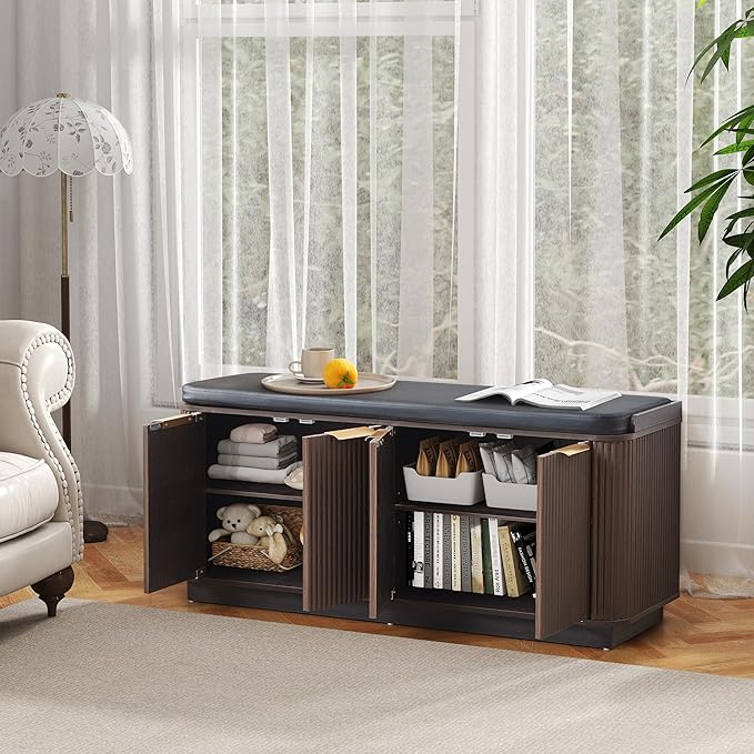 43.3''W Fluted Entryway Shoe Storage Bench with 4 Doors and Adjustable Shelf, 2-Tier Entry Bench Seat with Shoe Storage and Cushion, Shoe Cabinet Bench for End of Bed, Foyer - Espresso