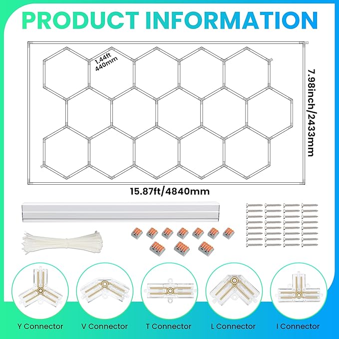 Car Detailing Led Garage Light,15 Hexagonal Grid Systems Led Shop Lights for Garage/ Workshop with White Border, IP54 2 Year Warranty AC 100-240V(15.88 fts x 7.98 fts )