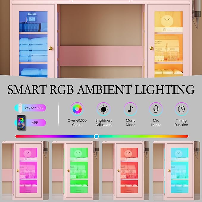 Makeup Vanity Desk with Mirror and Lights, Glass Top Vanity Table Set with Drawers & Power Outlet, Large Dressing Table with 3 Color Lighting Modes & RGB Cabinets for Women Girls Kids Bedroom, Pink
