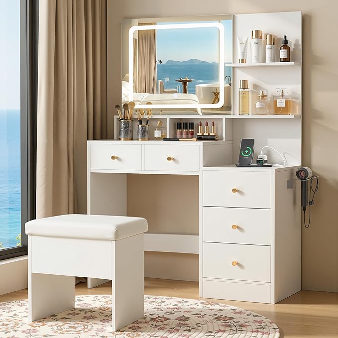 Vanity Desk with Mirror & Lights, Makeup Vanity with 5 Drawers & Cushion Stool, White Vanity Table, 3 Color Modes & Adjustable Brightness, Built-in Power Outlet