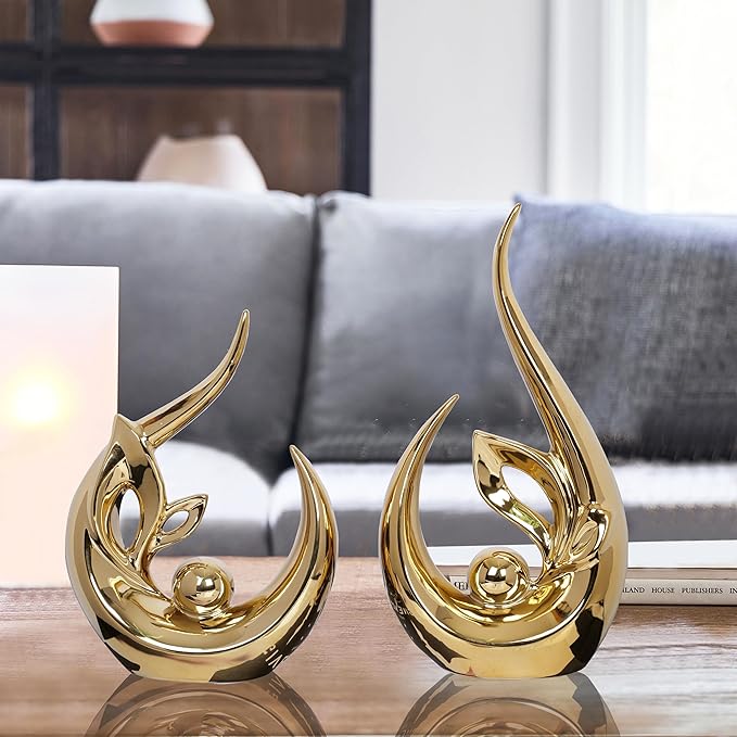 2 PCS Gold Home Decor Accent Ceramic Statue Abstract Sculptures Centerpieces Mid Century Modern Decor for Tables Coffee Table top Decorations for Living Room Desktop Shelf Dining Room Kitchen