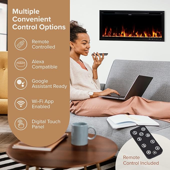 Modern Ember Aerus Slim 36 Inch Smart Linear Electric Fireplace | Recessed in-Wall or Wall-Mount | LED Multiple Flame Colors | Alexa/WiFi Enabled | 4.25” Profile | Remote Included