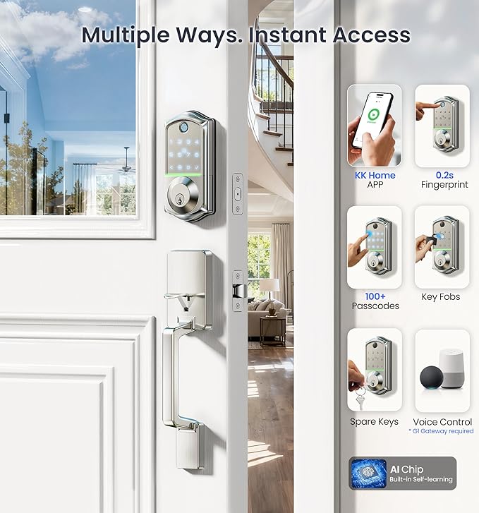 Veise VE017-D Smart Fingerprint Front Door Lock Set, App Control, 8-in-1 Keyless Entry Deadbolt with Lever Handle, Touchscreen Keypad, IP55 Weatherproof, Auto Lock, Easy Install, Satin Nickel