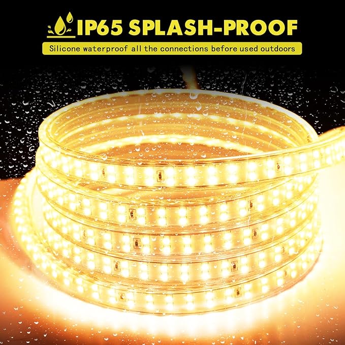 LAMPHOME 3000K 120V LED Strip Light, 150FT 9000LED 100LM/W Waterproof for Outdoor Indoor, Every 1.5ft Cuttable Lighting Strip, 17.5x7.8mm ETL Listed，Warm White
