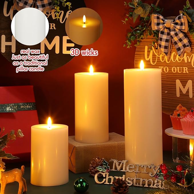 Retisee 3 Pcs White Large Flameless LED Candles with Remote Battery Operated 3D Pillar Flickering Candles for Home Indoor Outdoor Party Wedding Light Decor(6''/8''/12'' x 4'')