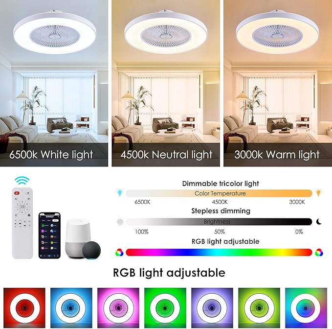 24" Bladeless Ceiling Fans with Lights and Remote/APP/Voice Control, Low Profile Ceiling Fan with RGB Lights, Enclosed Flush Mount Ceiling Fan for Kid's Bedroom/Living Room