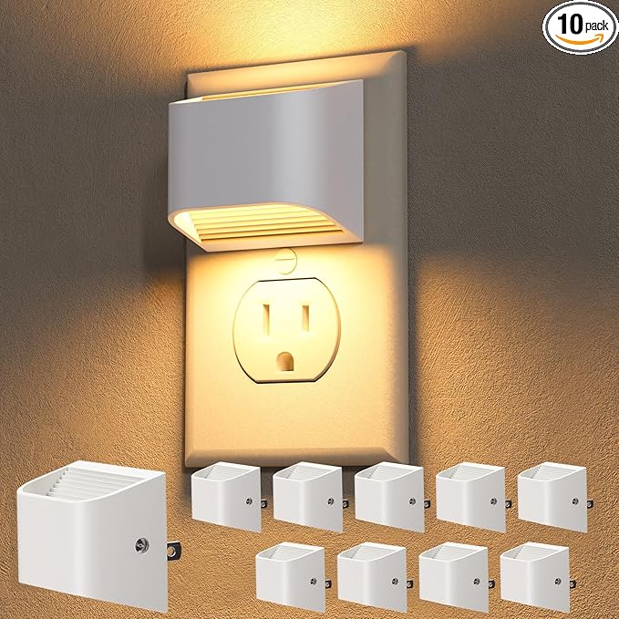 NIORSUN Plug in Night Light, Auto Brightness Sensor Night Light, 3000K Warm White, Ultra-Slim Wall Light for Hallway Bathroom Bedroom Stairs, White, 10 Pack