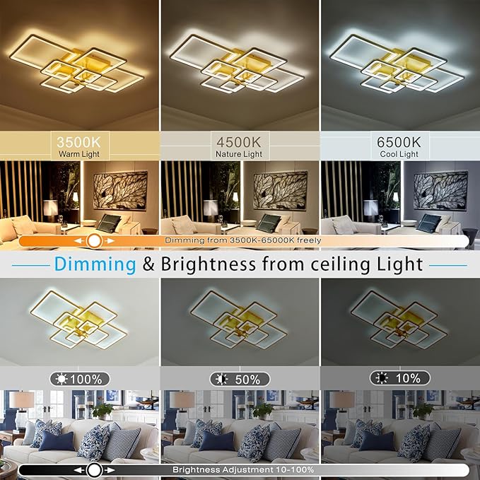 Modern LED Ceiling Light,8 Square Acrylic Gold Modern Lighting Fixture Ceiling Lights for Living Room,Flush Mount Lamp with Remote Ceiling Lamps for Kitchen Bedroom Dining Room