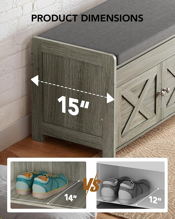 Amada Farmhouse Shoe Storage Bench with Cushion, 3 Doors & Lift-Top Storage, Adjustable Shelves, 300 lbs Capacity Entryway Bench for Bedroom, Living Room, Wash Grey