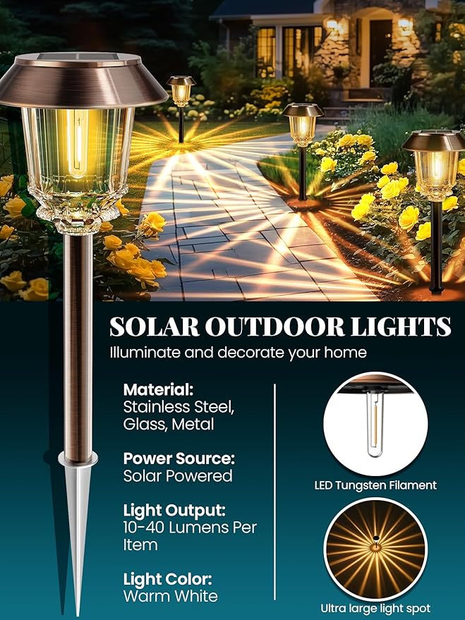 Solar Lights Outdoor Waterproof,6 Pack Bronze Pathway Lights with 10-40 LM Dimmable Glass and Metal, Solar Powered Garden Fall Decor for Yard,Patio,Pathway,Driveway(Warm White)
