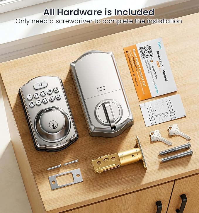 Veise VE012W Built-in WiFi Fingerprint Smart Lock, App Remote Control, Compatible with Alexa & Google Assistant, Keyless Entry for Front Door, Digital Keypad Deadbolt, Auto Lock, Satin Nickel