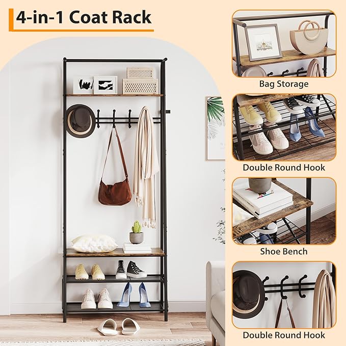 25" Coat Rack Hall Tree with Hooks, 4-Tier Shelf Entryway Storage Hall Tree Freestanding Metal Frame Multifunctional Hallway Organizer, Accent Furniture for Bathroom, Shoe Bench Entryway