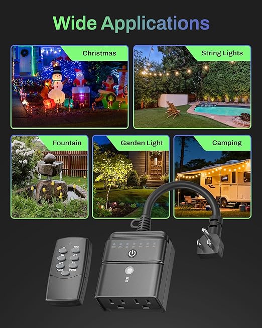 BN-LINK Outdoor Timer with Remote Control, Dusk to Dawn Light Sensor, Waterproof Plug-in Timer Outlet, 2 Grounded Outlets, 100ft Range, Perfect for Christmas & Halloween Lights, 15A 1/2HP ETL,2pack