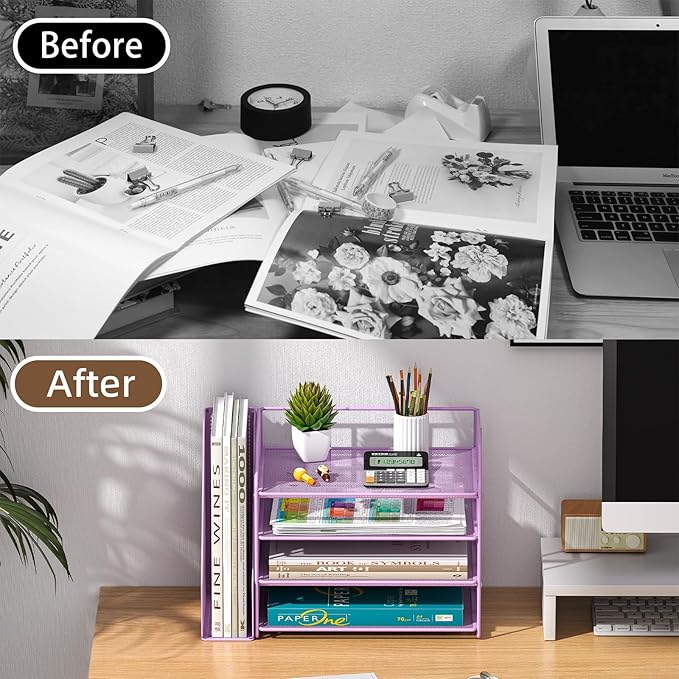 Purple Desk Organizers and Accessories with File Holder – Aesthetic Desk Accessories for Women – Decorative Office Set with Magazine Rack – Room Desk Accessories for Teen Girls Office Setup