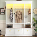 LUMISOL Hall Tree with Storage Bench and Shoe Storage, Coat Rack with Shelves and 9 Hooks, LED Light Entryway Bench with 3 Large Cabinets, for Entrance Mudroom Living Room, White