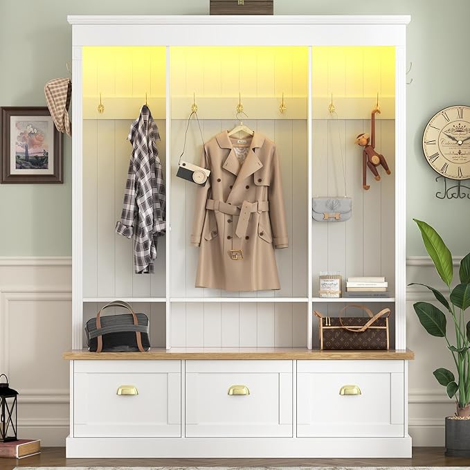 LUMISOL Hall Tree with Storage Bench and Shoe Storage, Coat Rack with Shelves and 9 Hooks, LED Light Entryway Bench with 3 Large Cabinets, for Entrance Mudroom Living Room, White
