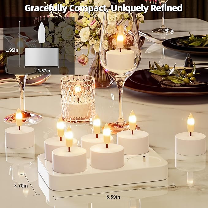 Rechargeable Flameless Tea Lights Candles with Charging Station 6Pcs Battery Tea Lights Candles with Remote & Timer LED Tealight Flickering Realistic for Home Christmas Wedding Decor - White