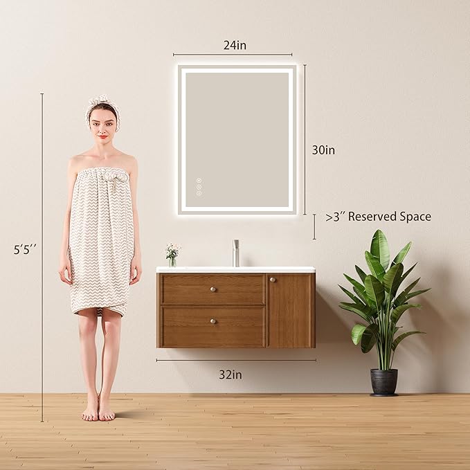 24x30 LED Bathroom Mirror with Lights - Dimmable, Anti-Fog, 3 Color Backlit & Front Lit Mirror for Bathroom, Shatter-Proof Tempered Glass, Easy Installation