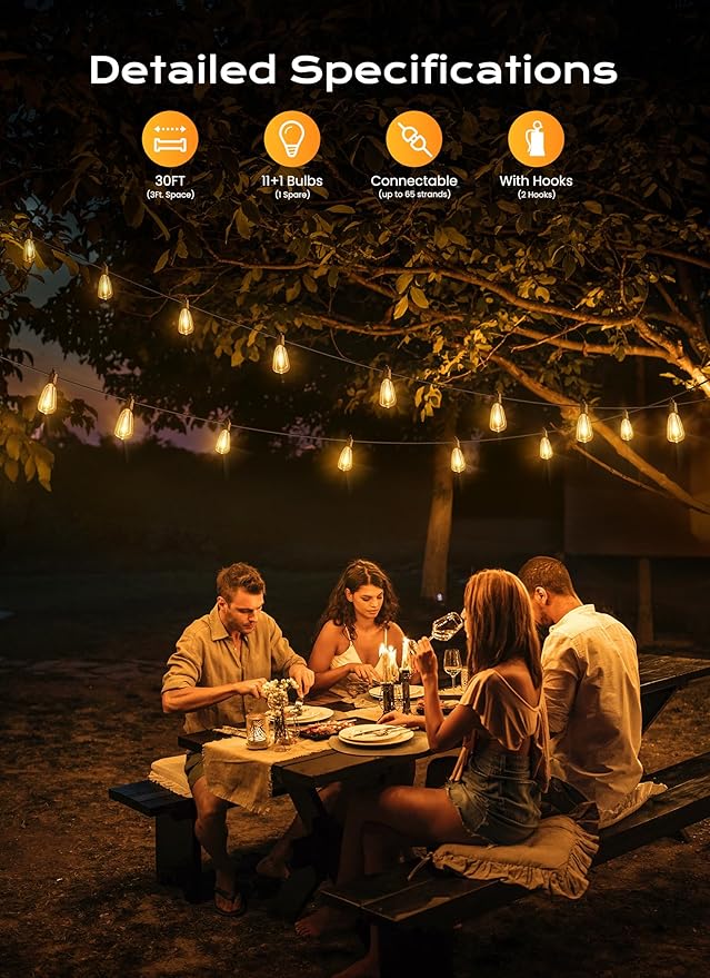 Brightown Outdoor String Lights, 30FT 11+1 LED ST38 LED Patio Lights Shatterproof, Dimmable IP65 Waterproof Connectable Hanging Outdoor Light for Backyard, Porch, Deck, Balcony