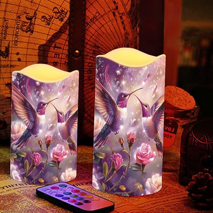 Purple Hummingbird Floral Plastic Flameless Candles with Remote Control and Timer LED Flickering Battery Electric Pillar Candles for Table Decoration