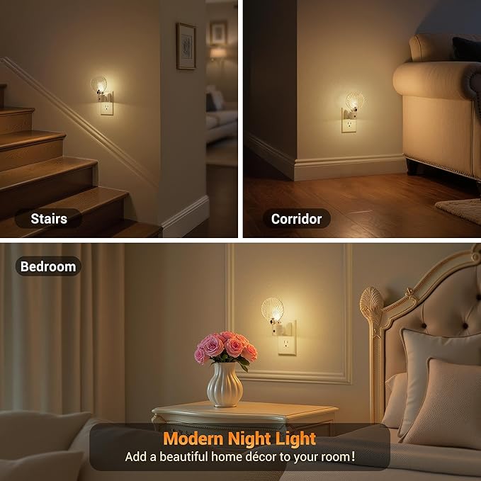 JandCase Night Light, Night Lights Plug into Wall, 2 Pack Dusk to Dawn Sensor Seashell Nightlights, 3000K Soft White Brightness Adjustable Nightlight for Kids Bedroom Hallway Kitchen