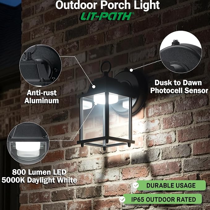 LIT-PaTH Dusk to Dawn Outdoor Wall Lantern, LED Wall Sconce, 5000K Daylight White, 9.5W, 800 Lumen, Aluminum Housing Plus Glass, Outdoor Rated, 2-Pack, Black