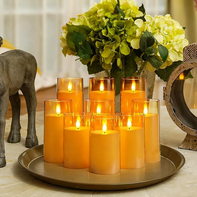Homemory Amber Flickering Flameless Candles, Battery Operated Acrylic LED Pillar Candles with Remote Control and Timer, Fall Candles, Set of 9