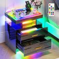HNEBC RGB Nightstand with Wireless Charging Station, LED Night Stand with Motion Sensor Lights, Smart Bedside Table with Changing Strip Lights with Remote,High Gloss Side Table/Glass Top (Black)